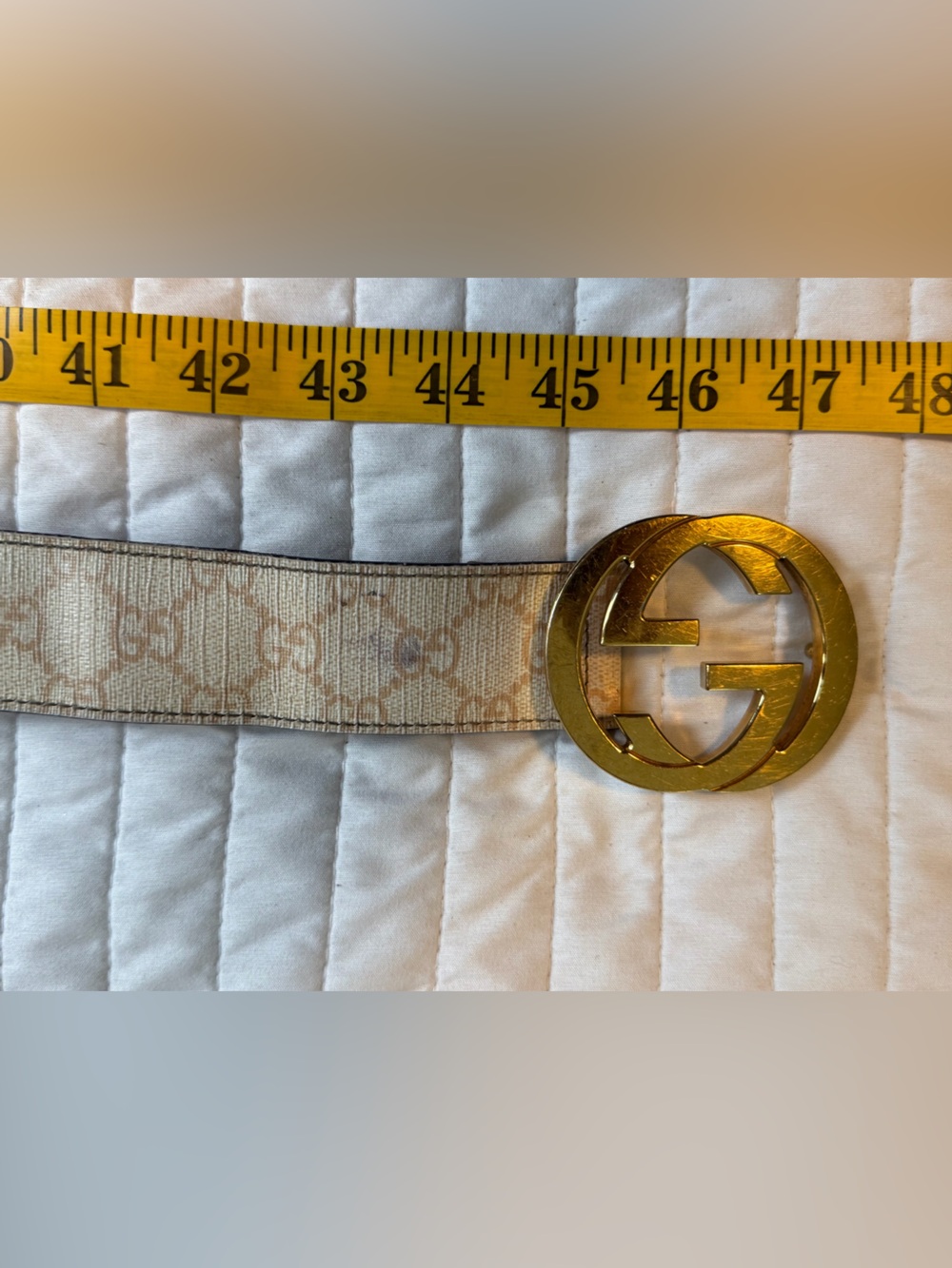 Beige Monogram Belt with Gold Interlocking G Buckle